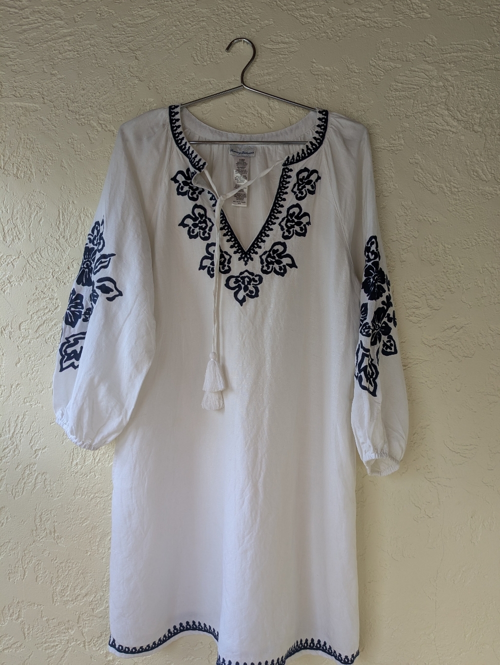Tommy Bahama, White Embroidered Boho Tunic Dress with Navy Floral Trim